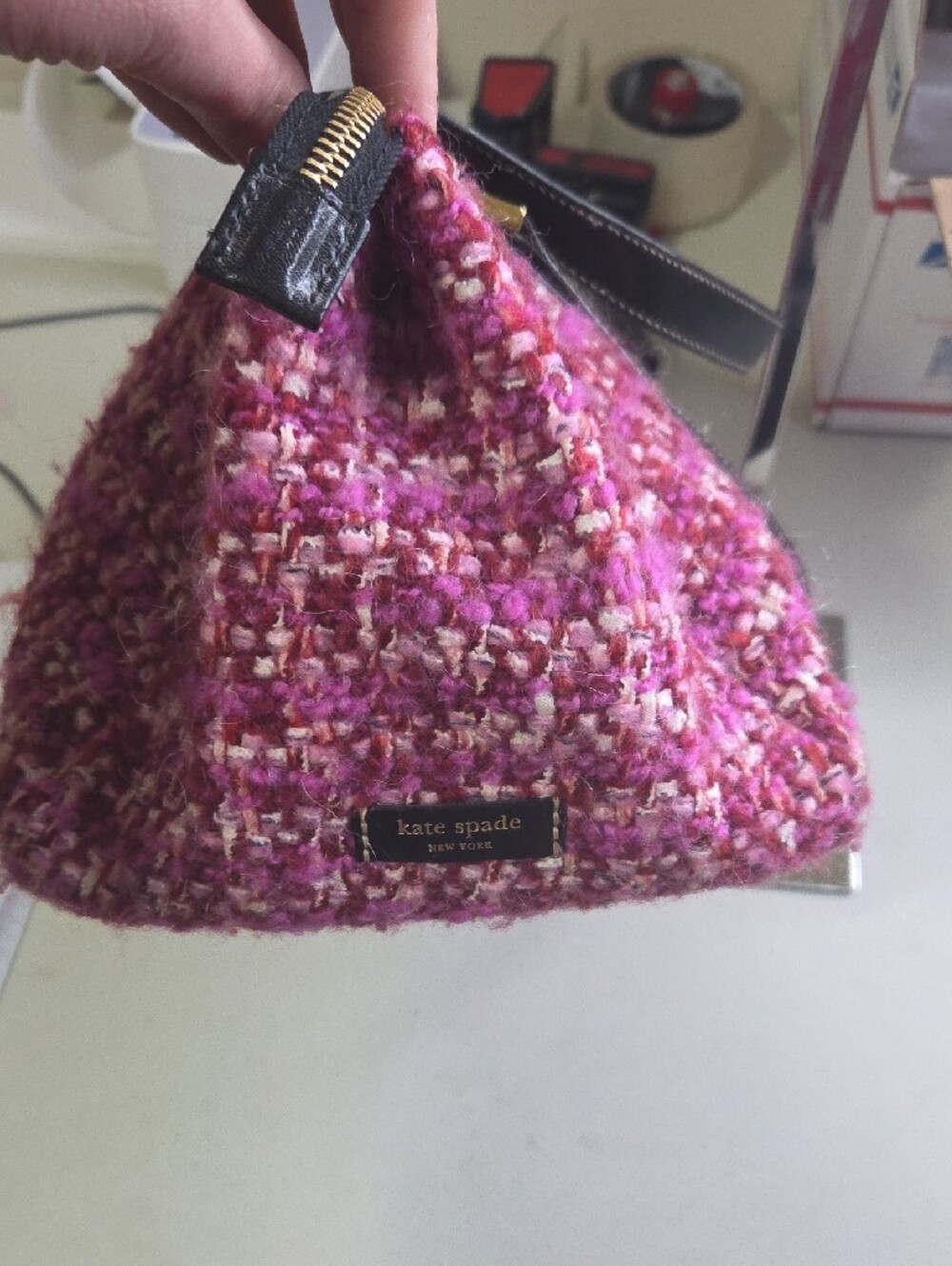 Kate Spade Vintage Pink Tweed Shoulder Bag with Black Handles - Picture 2 of 9